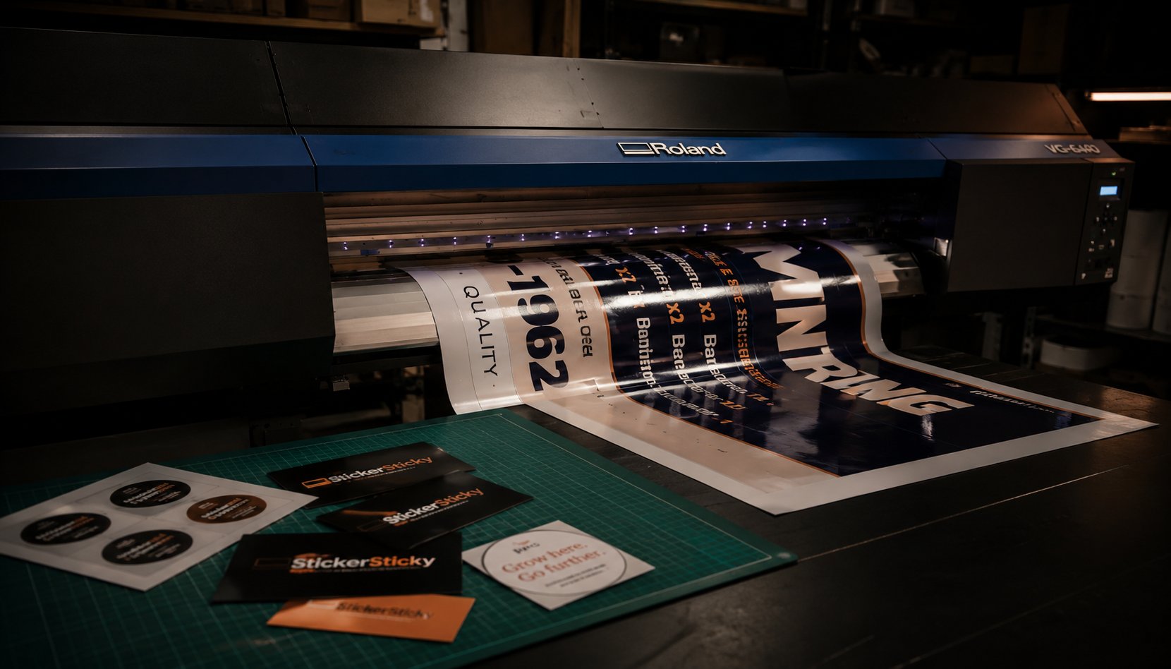 เครื่องพิมพ์ Roland กำลังพิมพ์งานสติ๊กเกอร์และป้ายไวนิลของ StickerSticky
